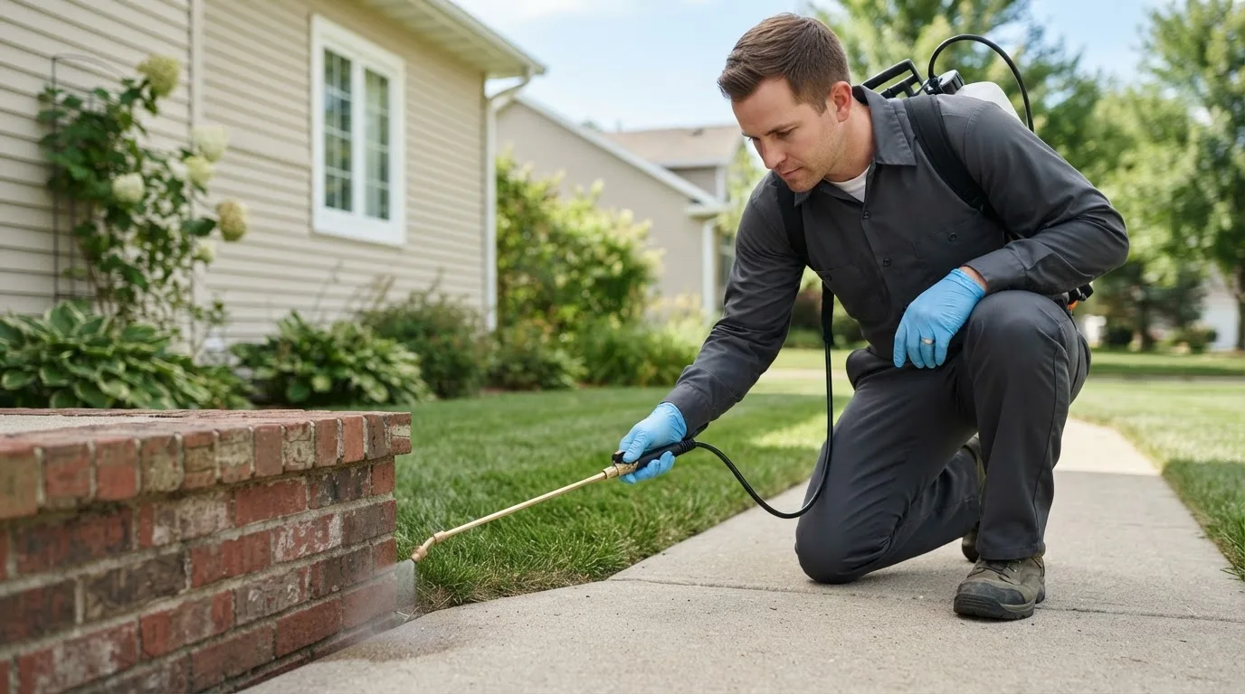 Pest control technician treating a home near Hadley, MA